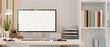 canvas print picture - Modern home office workspace interior design with pc computer mockup and stuff over white wall