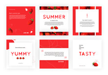 Set Of Templates For Posts For Social Networks. Images Of Strawberries, Red And White Graphic Elements In The Style Of Berries. Bright, Summery, Sweet Illustration.
