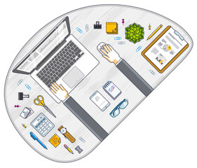 Fototapete - Office desk workspace top view with hands of office employee or entrepreneur, PC notebook and diverse stationery objects for work. All elements are easy to use separately. Vector illustration.