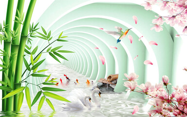 Swans and fish. 3d illustration of a river running through a tunnel. 3d Photo Wallpapers. Mural on the wall. 3d image.