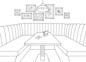 Restaurant interior graphic black white sketch illustration vector 