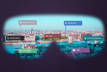 view of the city panorama with vr glasses. the interface shows the locations of restaurants, hotels,