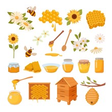 Apiary. Honey Comb Jar With Liquid Helthy Food Apiary Bee Flowers. Vector Cartoon Pictures Collection