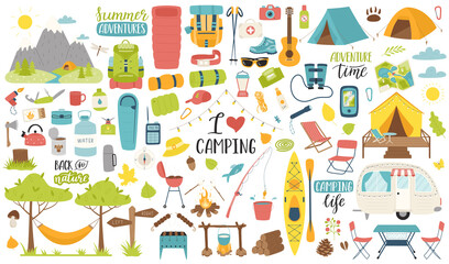 a collection of elements for camping, traveling, hiking, outdoor recreation, picnic. graphic objects