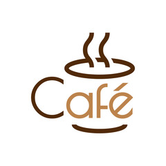 Poster - Banner con texto Café en español como silueta de taza de café caliente. Logotipo Coffee Shop. Vector con líneas en color marrón