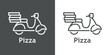 Logo reparto de comida a domicilio. Vector con silueta de scooter con cajas de pizza con líneas. Fondo gris y fondo blanco