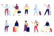 Travel people. Travelling person with backpack and suitcase. Tourism amd vacation, happy woman and man going trip and doing selfie utter vector set