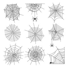 Wall Mural - spider webs. halloween graphic web, black isolated cobweb and spiders. cartoon decorative elements, 
