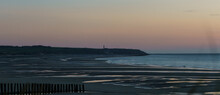 Panorama Cap Gris-Nez With Lighthouse In Beautiful Twilight After Sunset On Opal Coast At The North Sea With Sandy Beach In Foreground, Wissant, France