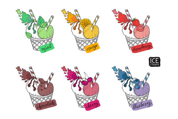 Wall Mural - Sketch set of ice creams in waffle cones. Different favors and colors. Blueberry, mint, orange, cherry, strawberry and chocolate ice cream. Hand drawn vector illustrations set