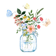 Wildflowers Bouquet In A Glass Vase And Butterflies, Hand-painted Floral Arrangement Illustration.