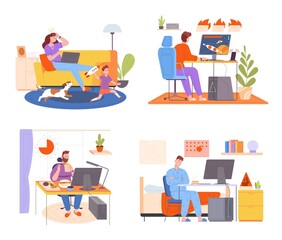 Poster - Remote work problems. Parent home office, child misbehave, people at computer laptop freelance professional person, employee late kids