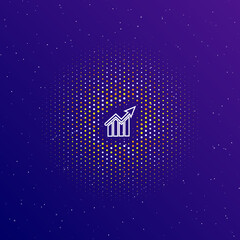 Poster - A large white contour chart up symbol in the center, surrounded by small dots. Dots of different colors in the shape of a ball. Vector illustration on dark blue gradient background with stars
