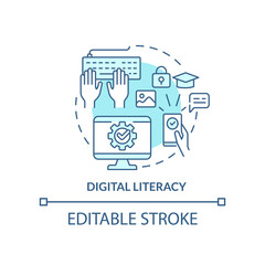 Poster - Digital literacy turquoise concept icon. Life skill abstract idea thin line illustration. Educational technology. Isolated outline drawing. Editable stroke. Arial, Myriad Pro-Bold fonts used