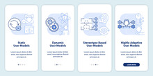 User Modeling Light Blue Onboarding Mobile App Screen. Interaction Walkthrough 4 Steps Editable Graphic Instructions With Linear Concepts. UI, UX, GUI Template. Myriad Pro-Bold, Regular Fonts Used