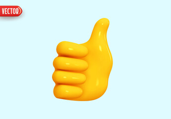Poster - Hand like yellow color. Icon human hand in cartoon style thumb up, good sign. Realistic 3d design. vector illustration