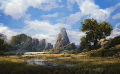 Wall Mural - Fantastic Epic Magical Landscape of Mountains. Summer nature. Mystic Valley, tundra. Gaming assets. Celtic Medieval RPG background. Rocks and grass. Beautiful sky with clouds. Green forest