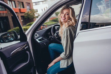 Sticker - Photo of positive sweet adorable stunning lady buy new car town center traveling enjoying outside