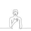 man stands with his palm pressed to his chest - one line drawing vector. concept of empathy, responsiveness, feeling of love, delight and human warmth