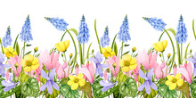 Spring Flowers. Floral Seamless Horizontal Border With Hand-painted Watercolor Flowers. Yellow Buttercups, Purple Viola And Other Delicate Spring Flowers.