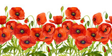 Red Poppies. Floral Seamless Horizontal Border With Hand-painted Watercolor Flowers. Summer Flowers.