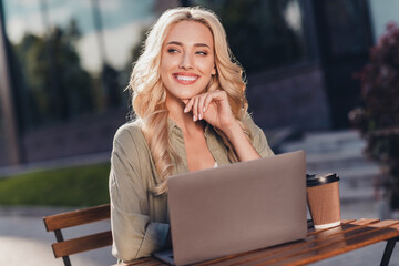 Poster - Portrait of attractive dreamy cheerful girl using netbook writing story copywrite good weather in complex outdoors