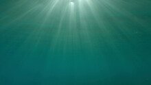 Sunrays Penetrate Through The Surface Of The Water. Underwater Light Creates A Beautiful Veil, Consisting Of Sunlight. Range Rays Of The Sun At Sunset Under The Surface Of The Water. Red Sea, Egypt