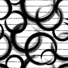Poster - Abstract seamless pattern. Repeat brush strokes backdrop. Repeated black circle on white background. Grunge line texture. Repeating geometric round for design prints. Abstract bg. Vector illustration