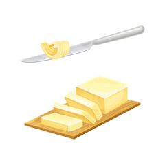 Poster - Sliced piece of butter and knife with butter curl vector illustration