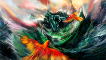 A Huge Green Dragon Screams Furiously At The Bright Birds Flying Next To Him. Waves Of Water Radiate From It, Splashes And Magic Sparks Fly. Parrots With Short Tails Are Afraid Of Him. 2d Art