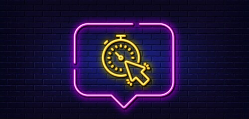 Wall Mural - Neon light speech bubble. Timer line icon. Time or clock sign. Mouse cursor symbol. Neon light background. Timer glow line. Brick wall banner. Vector