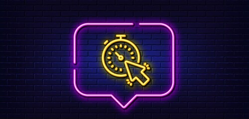 Sticker - Neon light speech bubble. Timer line icon. Time or clock sign. Mouse cursor symbol. Neon light background. Timer glow line. Brick wall banner. Vector