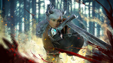 A Beautiful Warrior Girl In Armor And A Crown Holds A Sharp Long Sword In Her Hands. A Magical Yellow Mist Hovers In The Air Against The Background Of The Forest. Blood Splashes Into The Air. 2d Art