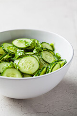 Canvas Print - Fresh cucumber salad with cilantro and oil in white bowl.