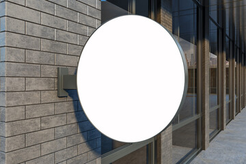Poster - Close up of blank white urban round stopper on brick building exterior. Pub or restaurant concept. Mock up, 3D Rendering.