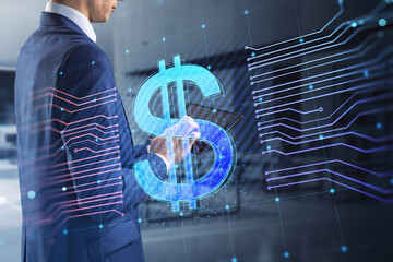 Poster - Close up of businessman hands using tablet with glowing euro hologram and lines on blurry office interior background. E-commerce, online banking, cryptocurrency and finance concept. Double exposure.