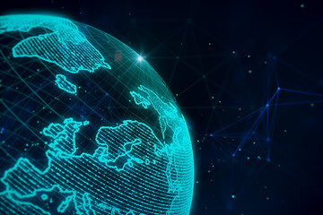 Poster - Creative glowing polygonal grid planet on dark wallpaper. Globe, international map, communication, network earth and technology concept. 3D Rendering.