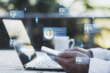 Aufkleber - Online recruitment application and one day specialist search service concept with virtual cards with rating and profile information on smartphone in man hands and laptop background, double exposure