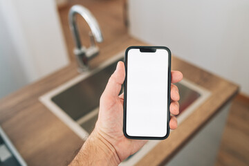 Smart home smartphone mockup screen in front of kitchen sink