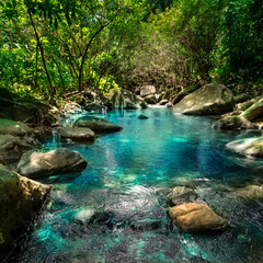 Waterfall with rock in deep forest 