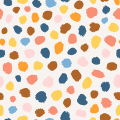 Wall Mural - Multicolored abstract polka dot seamless repeat pattern. Random placed, irregular vector stains all over surface print on white background.