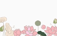 Golden Pink Lotus Background. Line Art Design For Postcard, Invitation ,presentation