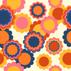 Hippie retro vector seamless pattern. Nostalgic 70s groovy print with geometric flowers. Vintage floral background. Textile and surface design in old fashioned colors