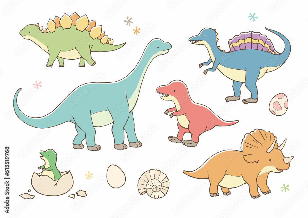 ぬいぐるみ風かわいい恐竜詰め合わせセット Stock Vector