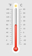 Warm thermometer with celsius and fahrenheit scale, temp control thermostat device flat vector icon. Thermometers measuring temperature icons, meteorology equipment showing weather