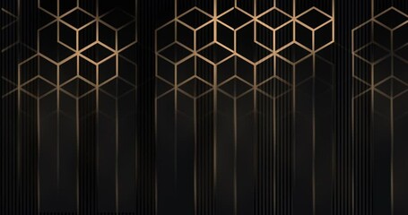 Wall Mural - 4k Abstract luxury black grey gradient backgrounds with golden metallic striped grid. Geometric hexagonal graphic motion animation. Seamless looped dark backdrop. Simple elegant universal minimal BG