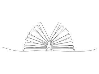 Poster - Book continuous one line art. Line drawing open book. School education concept. Vector illustration isolated on white.