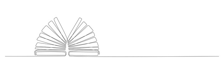 Poster - Book continuous one line art. Line drawing open book. School education concept. Vector illustration isolated on white.
