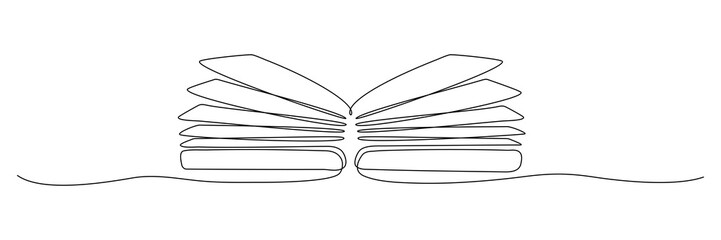 Poster - Book continuous one line art. Line drawing open book. School education concept. Vector illustration isolated on white.
