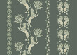 Byzantine traditional historical motifs of animals, birds, flowers and plants Seamless border pattern, linear ornament, ribbon in green. Vector illustration.